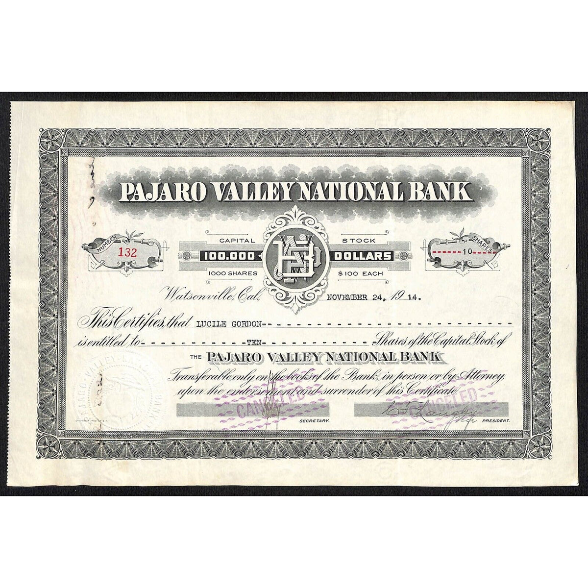 Pajaro Valley National Bank Watsonville CA 1914 Stock Certificate Lucille Gordon