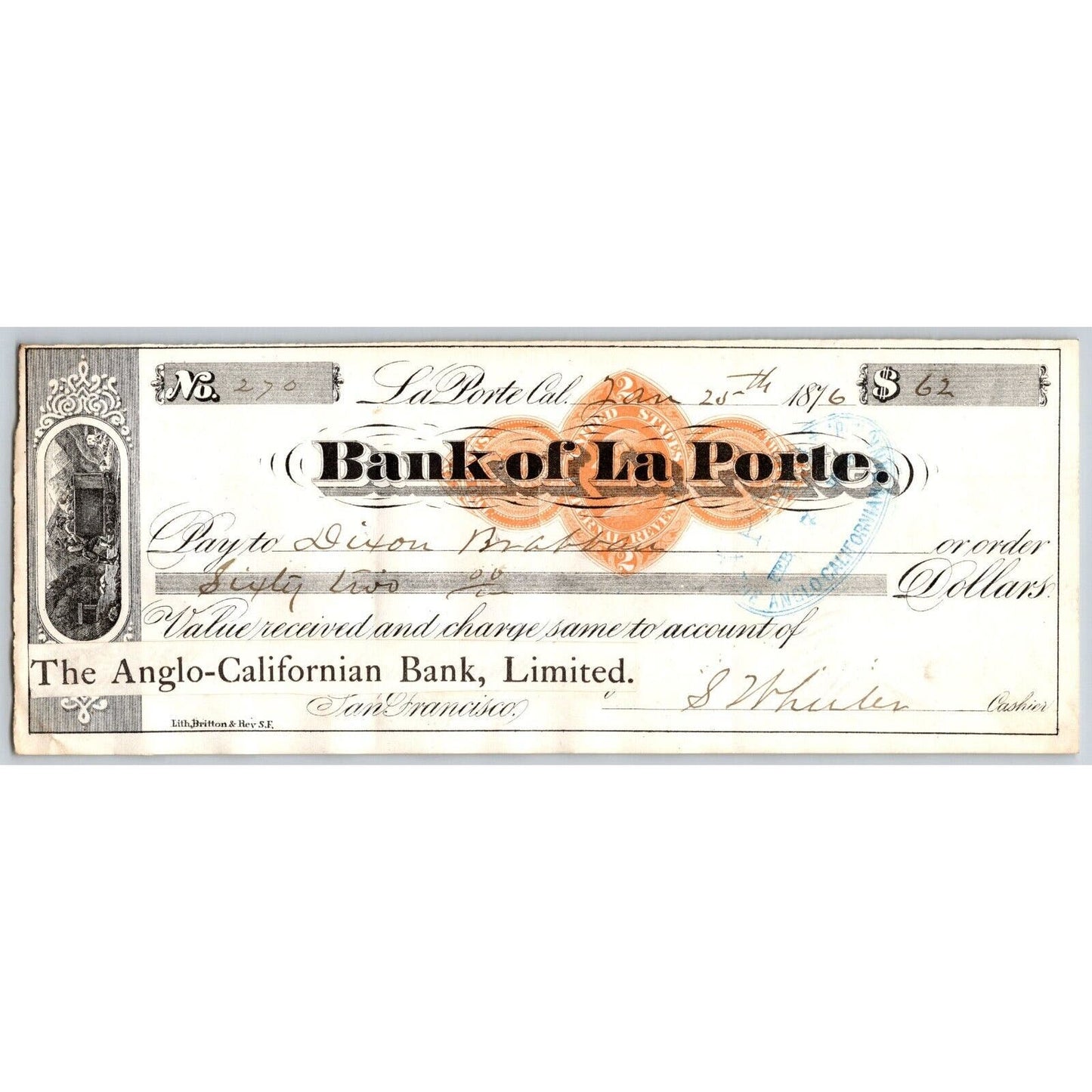 Bank of La Porte Check Dixon Brabban* 1876 Mining Vignette Rev Stamp #270