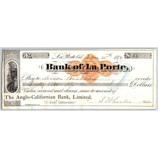 Bank of La Porte Check Dixon Brabban* 1876 Mining Vignette Rev Stamp #270