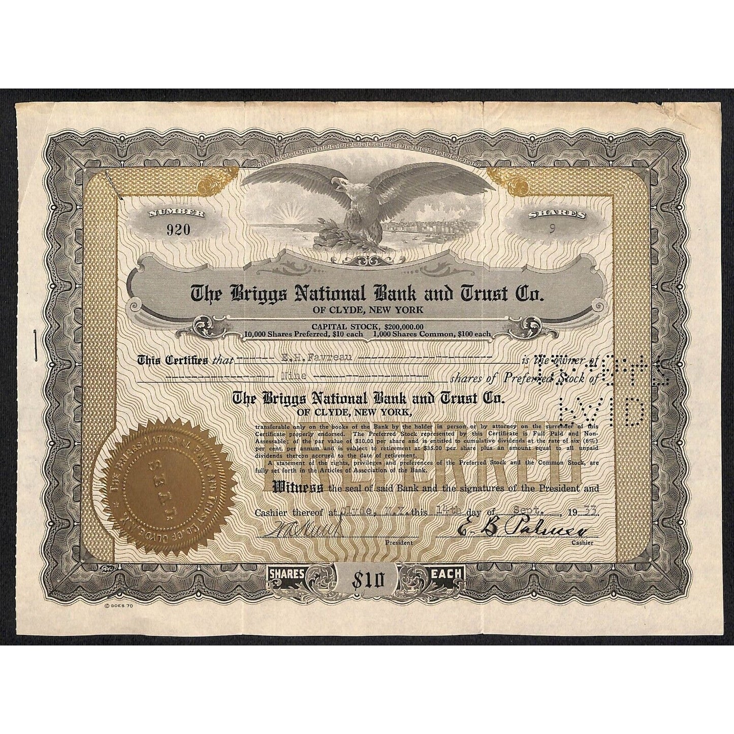 Briggs National Bank and Trust Clyde, NY 1933 Stock Certificate to E.H. Favreau