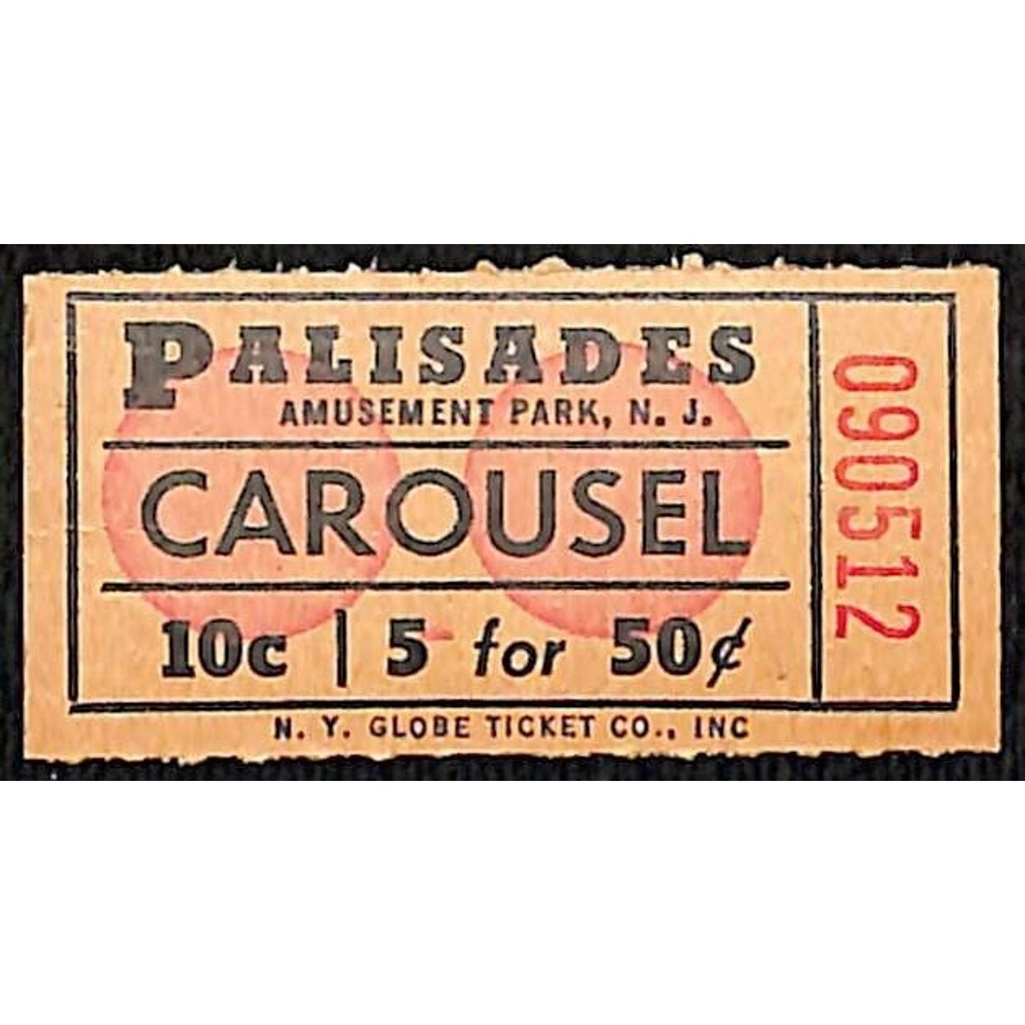 Palisades Amusement Park New Jersey - Carousel 10c Ride Ticket #090512