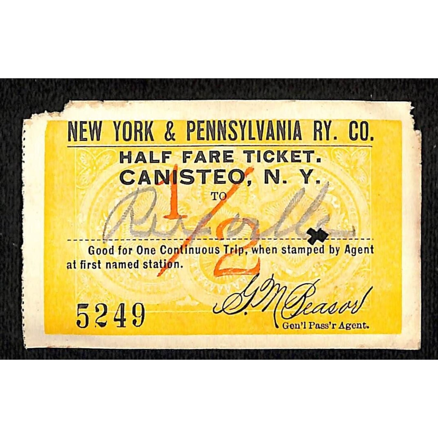 New York & Pennsylvania Railroad RY July 26 1917 Rexville Ticket #5249