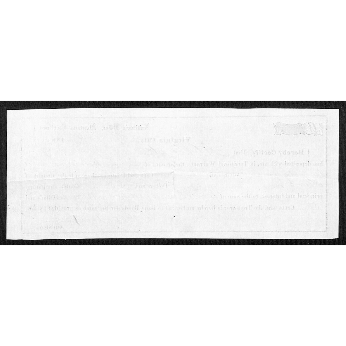 1868 Virginia City, MT Territorial Warrant Deposit Receipt A.G. Clark