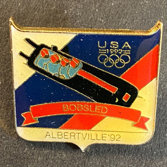 1992 Olympics Bobsled Albertville Enameled Lapel Pin 26mm VGC