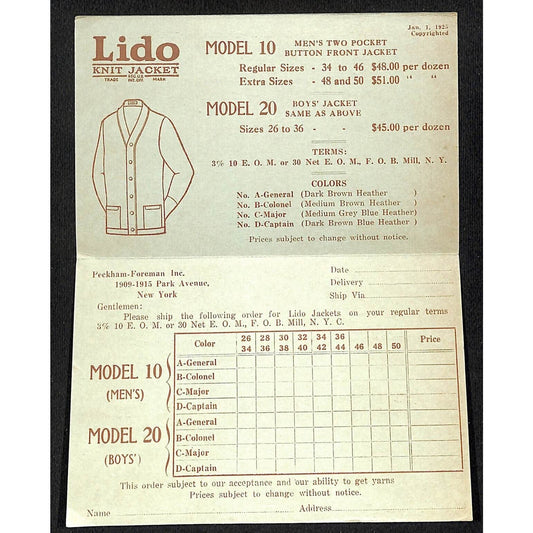 Lido Knit Jacket Peckham Foreman Park Ave NYC Order Form / Post Card c1925