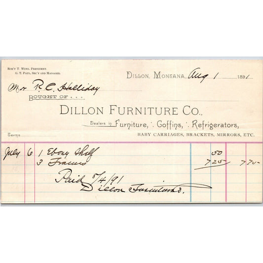 Dillon MT Dillon Furniture Co 1891 Billhead Coffins R.C. Halliday*