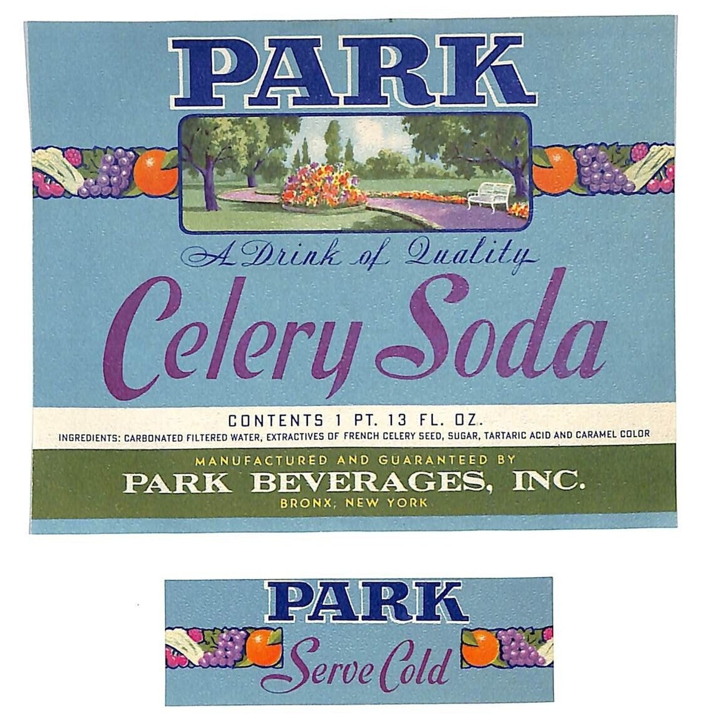 Park Celery Soda Bottle Label Set Park Beverages Bronx, NY c1940's-50's Scarce