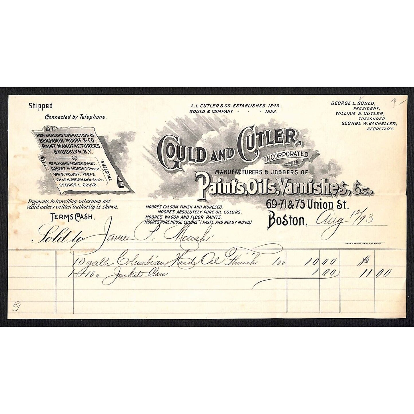 Gould and Cutler Boston Paints Oils 1893 Billhead to J.P. Marsh Bethel, VT*