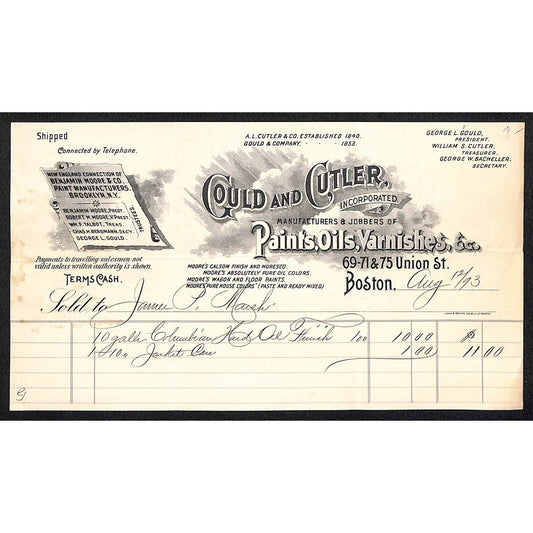 Gould and Cutler Boston Paints Oils 1893 Billhead to J.P. Marsh Bethel, VT*