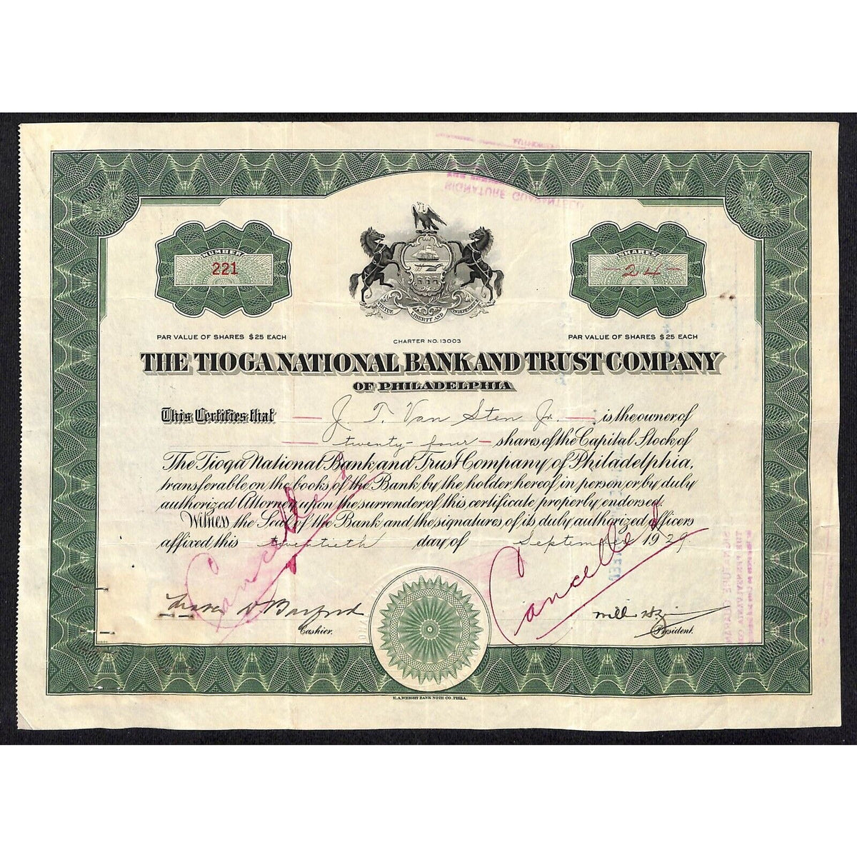Tioga National Bank Trust Philadelphia 1929 Stock Certificate J.T. Van Sten Jr.