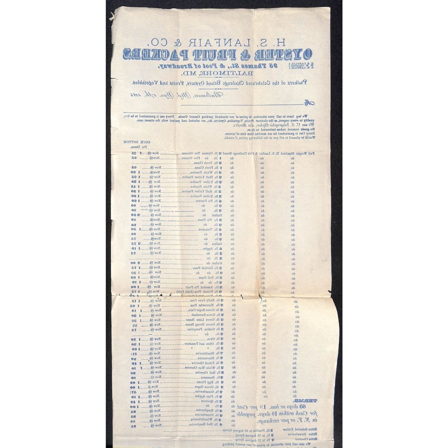 H.S. Lanfair & Co Baltimore Oyster & Fruit Packers 1886 Whsle Price Sheet Scarce