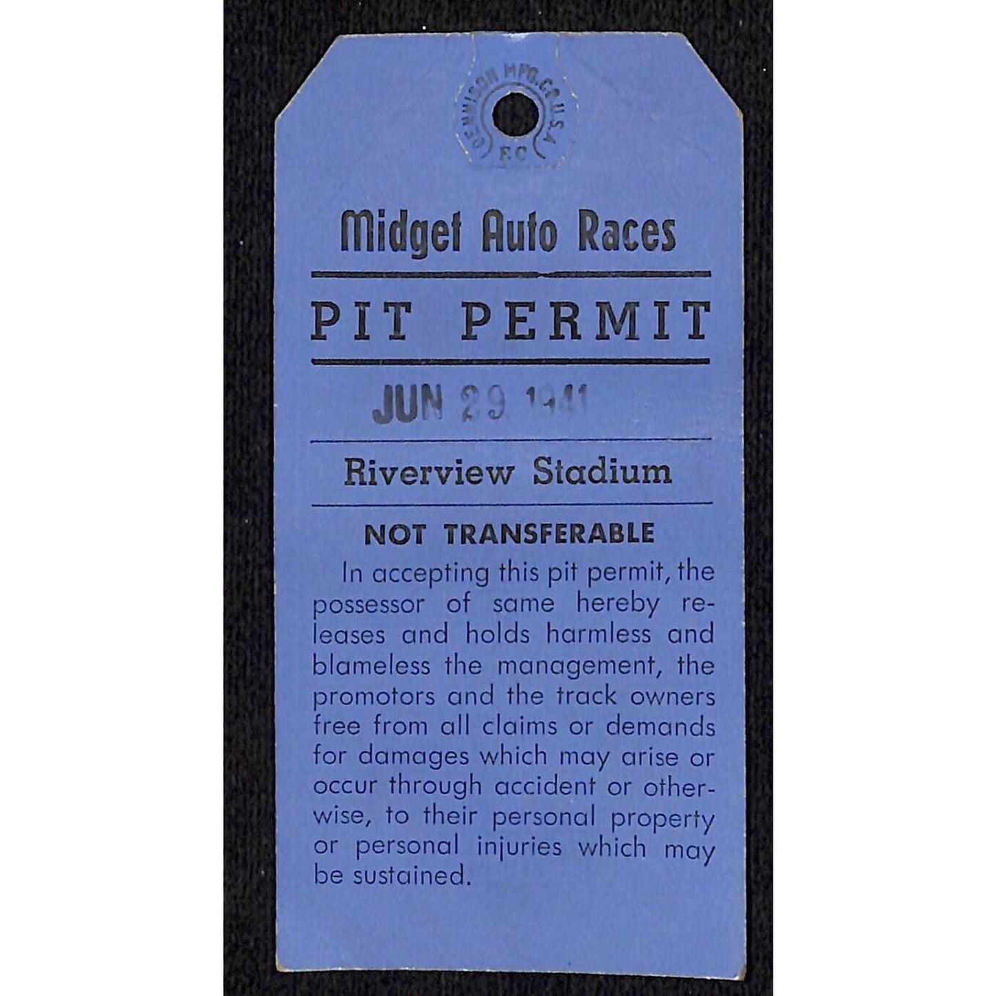 1941 Riverview Speedway Stadium (Chicago) Midget Auto Races Pit Pass - Scarce