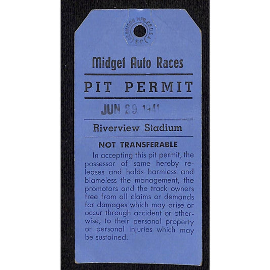 1941 Riverview Speedway Stadium (Chicago) Midget Auto Races Pit Pass - Scarce