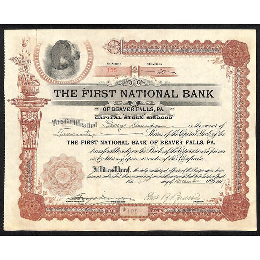 First National Bank of Beaver Falls PA 1909 Stock Certificate George Davidson