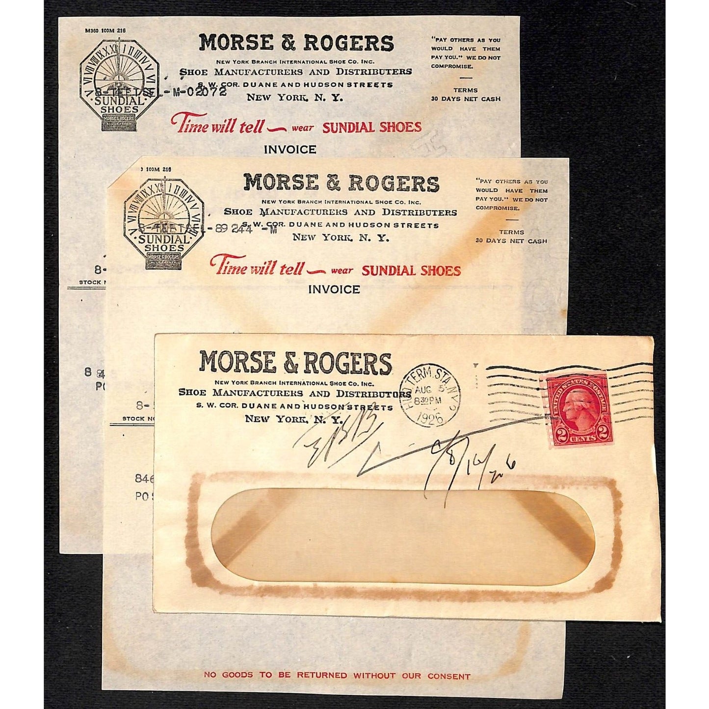 Morse & Rogers Sundial Shoe Mfg. Duane & Hudson Sts NYC 1926 2 Billheads + Cover