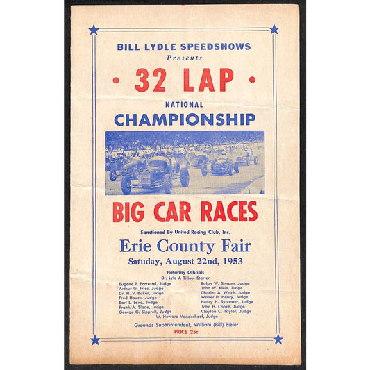 1953 Erie County Fair Bill Lydle Speedshows 32 Lap Big Car Races Program Scarce