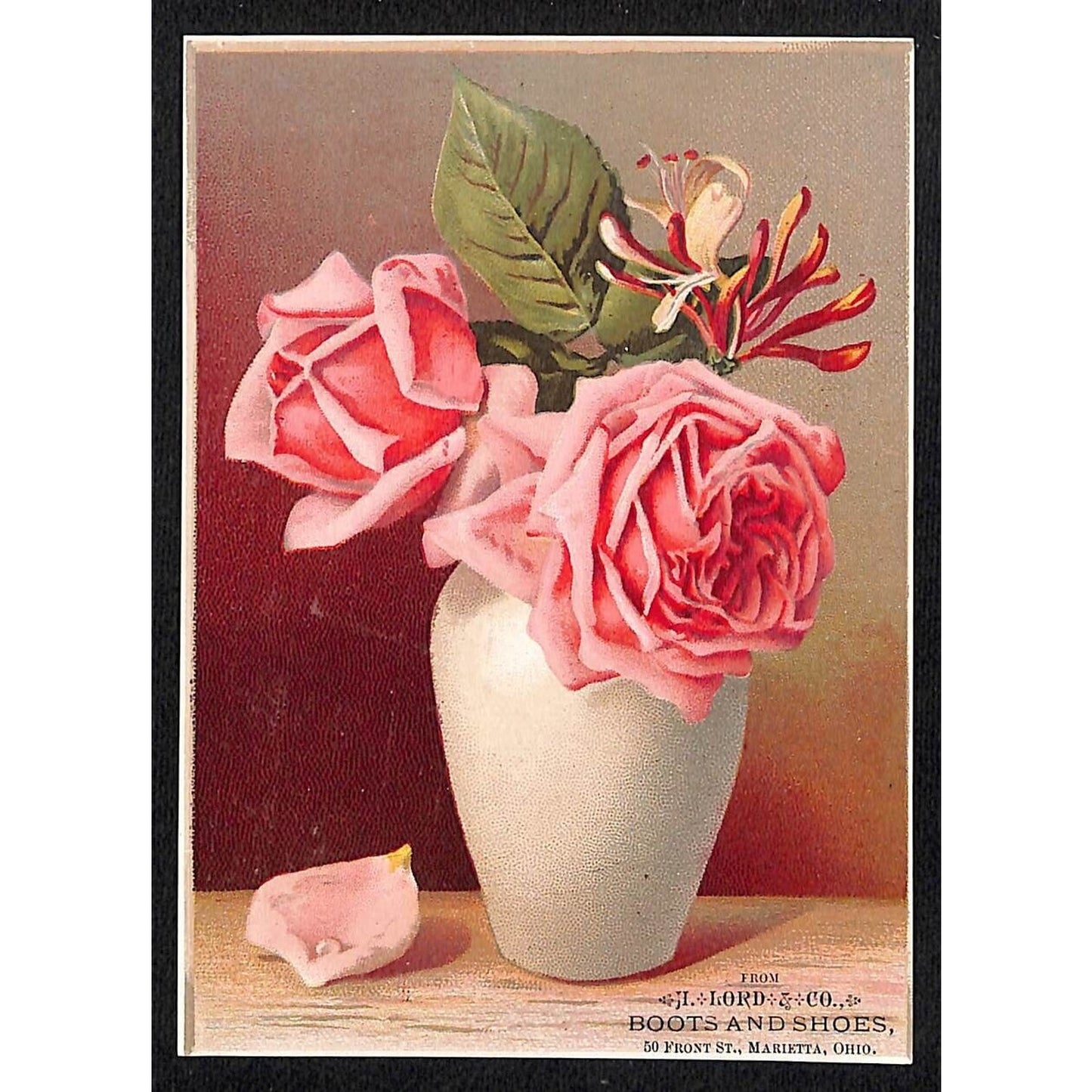 H. Lord & Co. Boots and Shoes Marietta, OH Victorian Trade Card Floral Vase