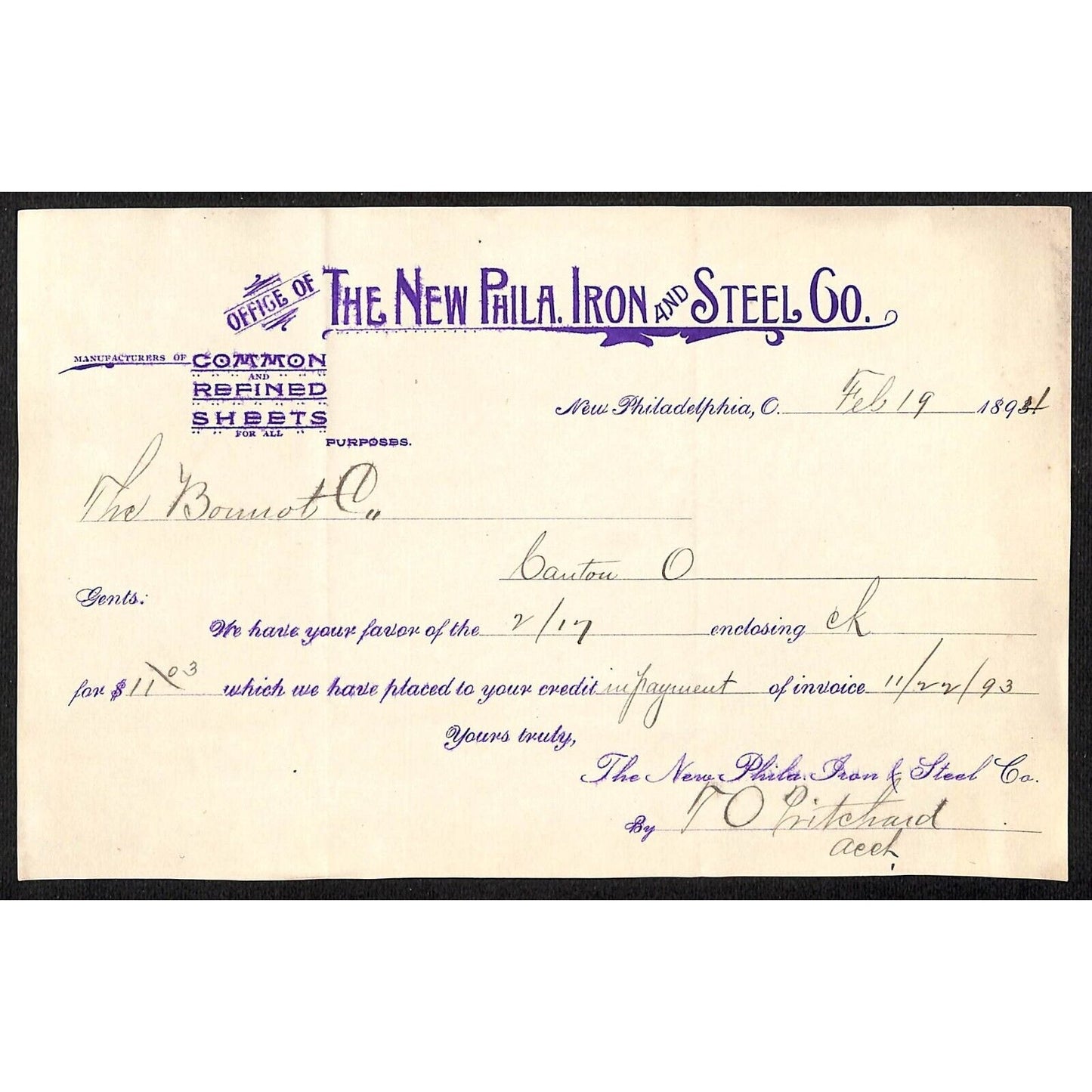 New Philadelphia Iron & Steel Co. 1894 Bonnot Co. Letterhead (#3) Scarce