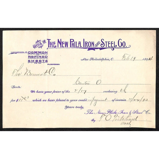 New Philadelphia Iron & Steel Co. 1894 Bonnot Co. Letterhead (#3) Scarce