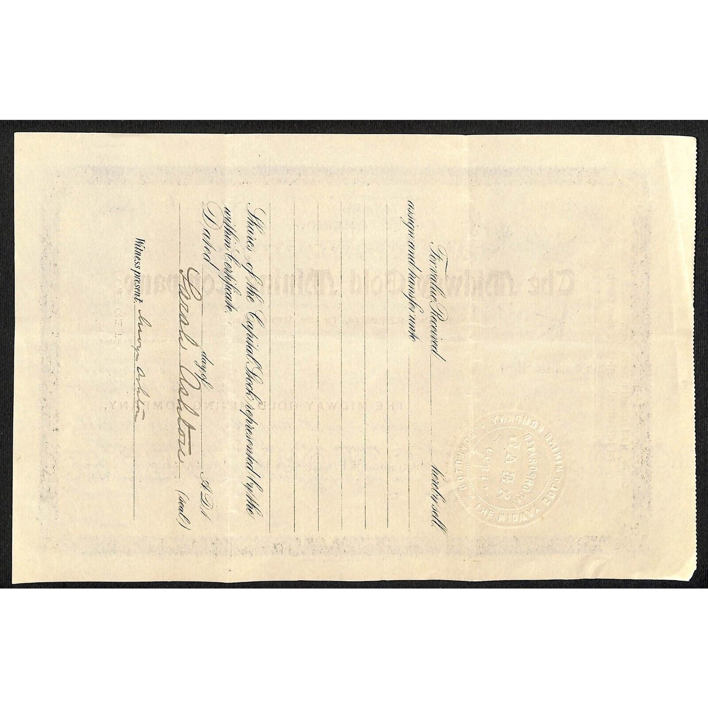 Midway Gold Mining Co. 1906 Stock Certificate w/ Warren Woods Sig. #2403