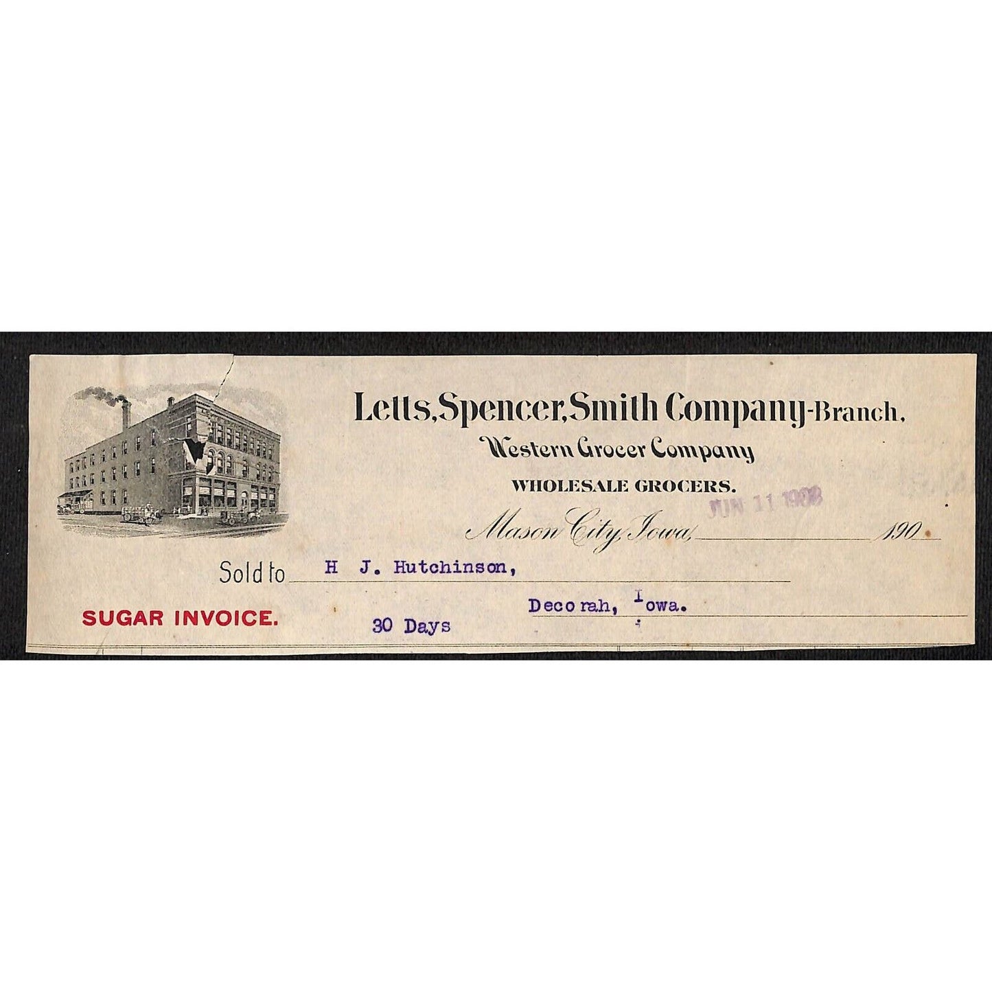 Letts, Spencer, Smith Co. Sugar Mason City IA - Hutchinson* 1903 Cut Billhead