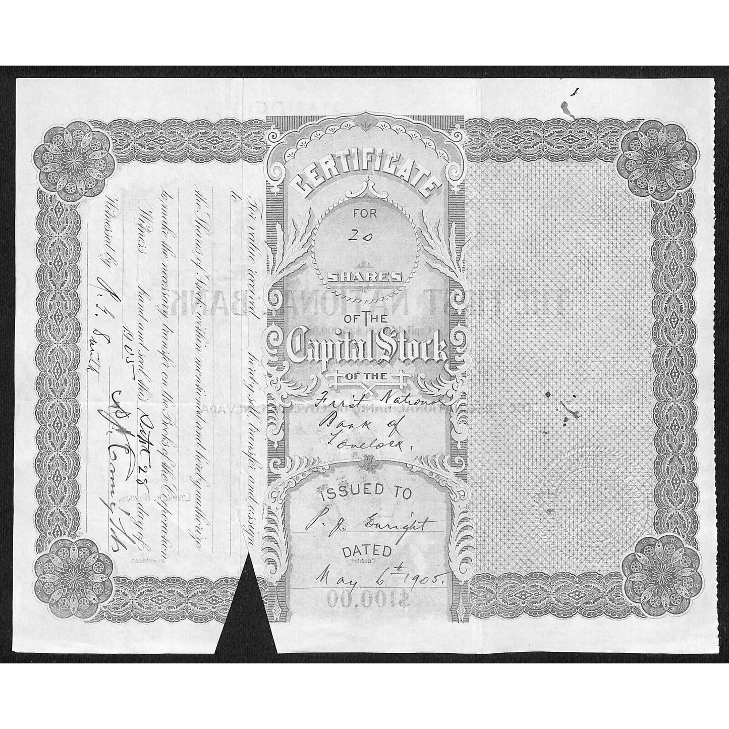 First National Bank of Lovelock, NV 1905 Stock Certificate to P.J. Enright * #22