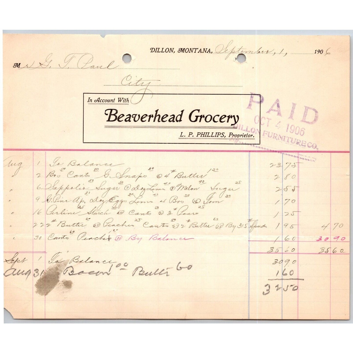 Dillon, MT Beaverhead Grocery L.P. Phillips Sept. 1906 Billhead G.T. Paul*