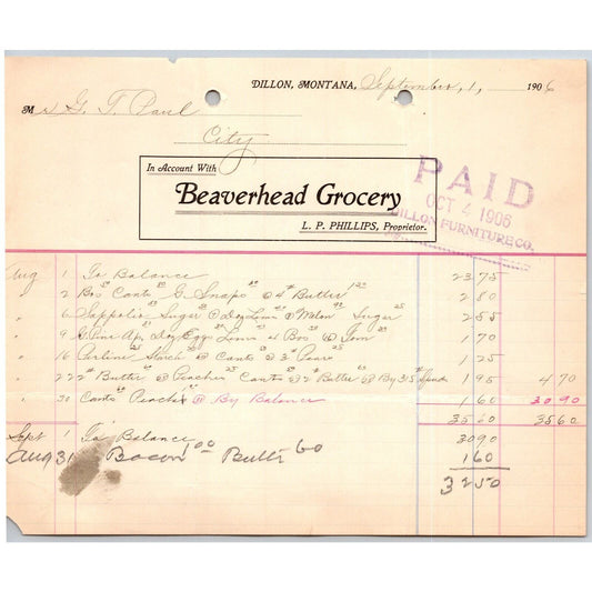 Dillon, MT Beaverhead Grocery L.P. Phillips Sept. 1906 Billhead G.T. Paul*