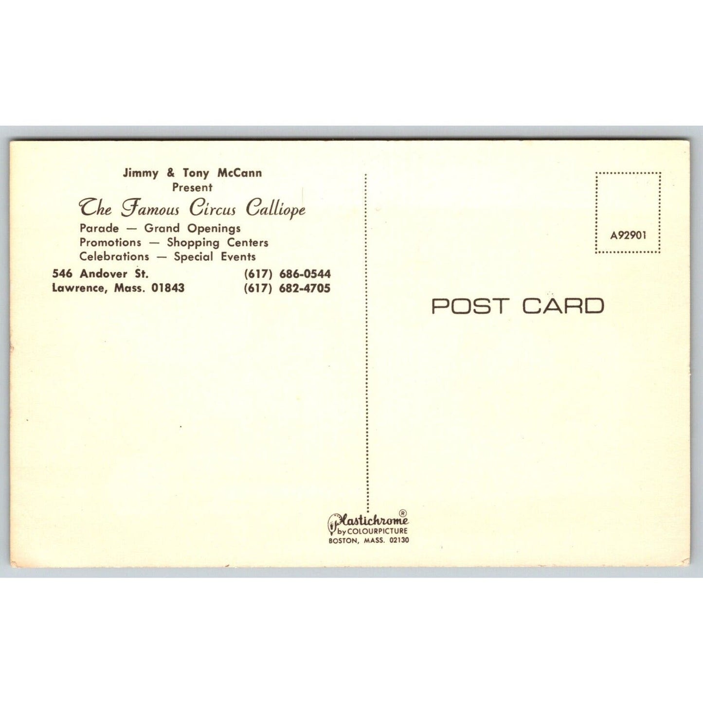 Jimmy & Tony McCann "The Famous Circus Calliope" Postcard NP VGC c1965-70's