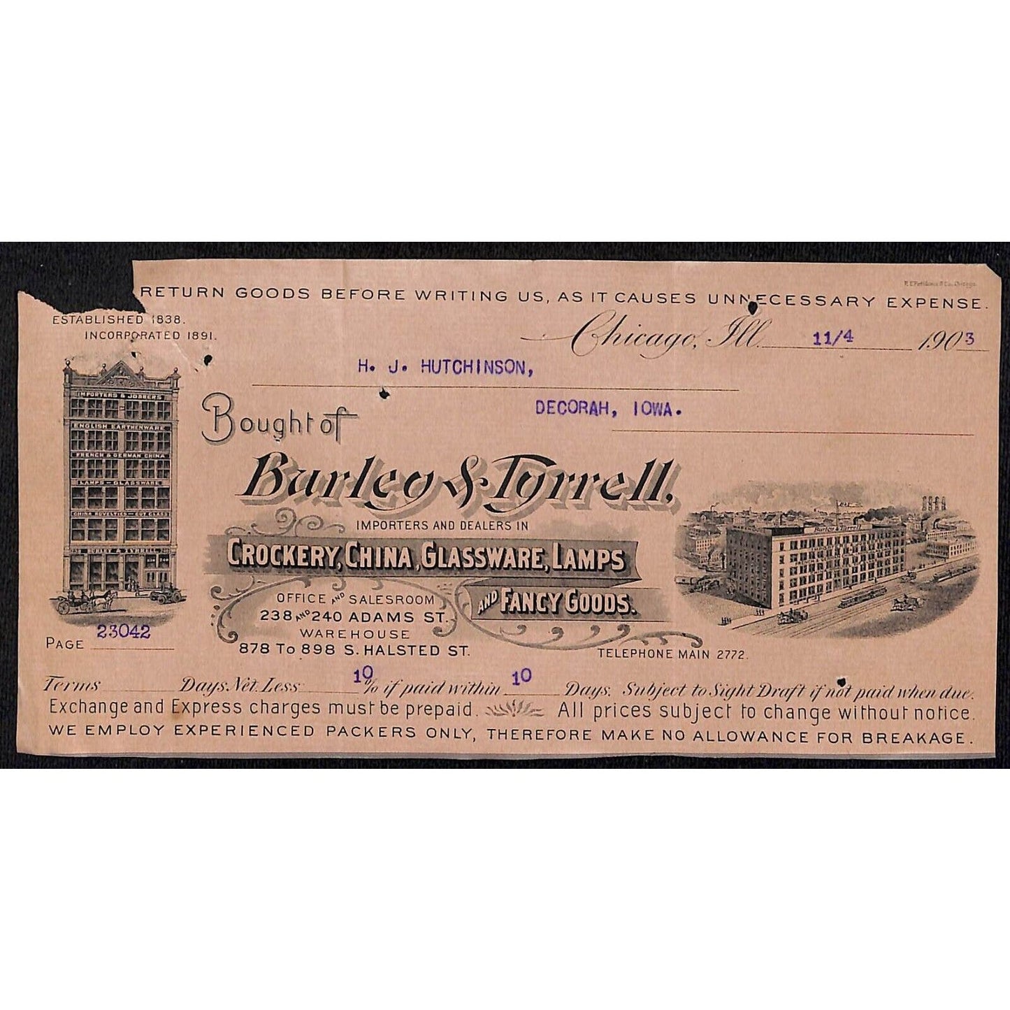 Barley & Tyrrell Crockery Chicago HJ Hutchinson Decorah IA* Cut 1903 Billhead