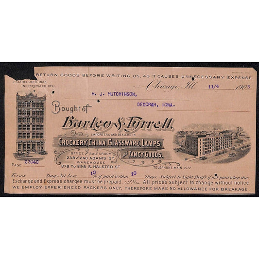 Barley & Tyrrell Crockery Chicago HJ Hutchinson Decorah IA* Cut 1903 Billhead