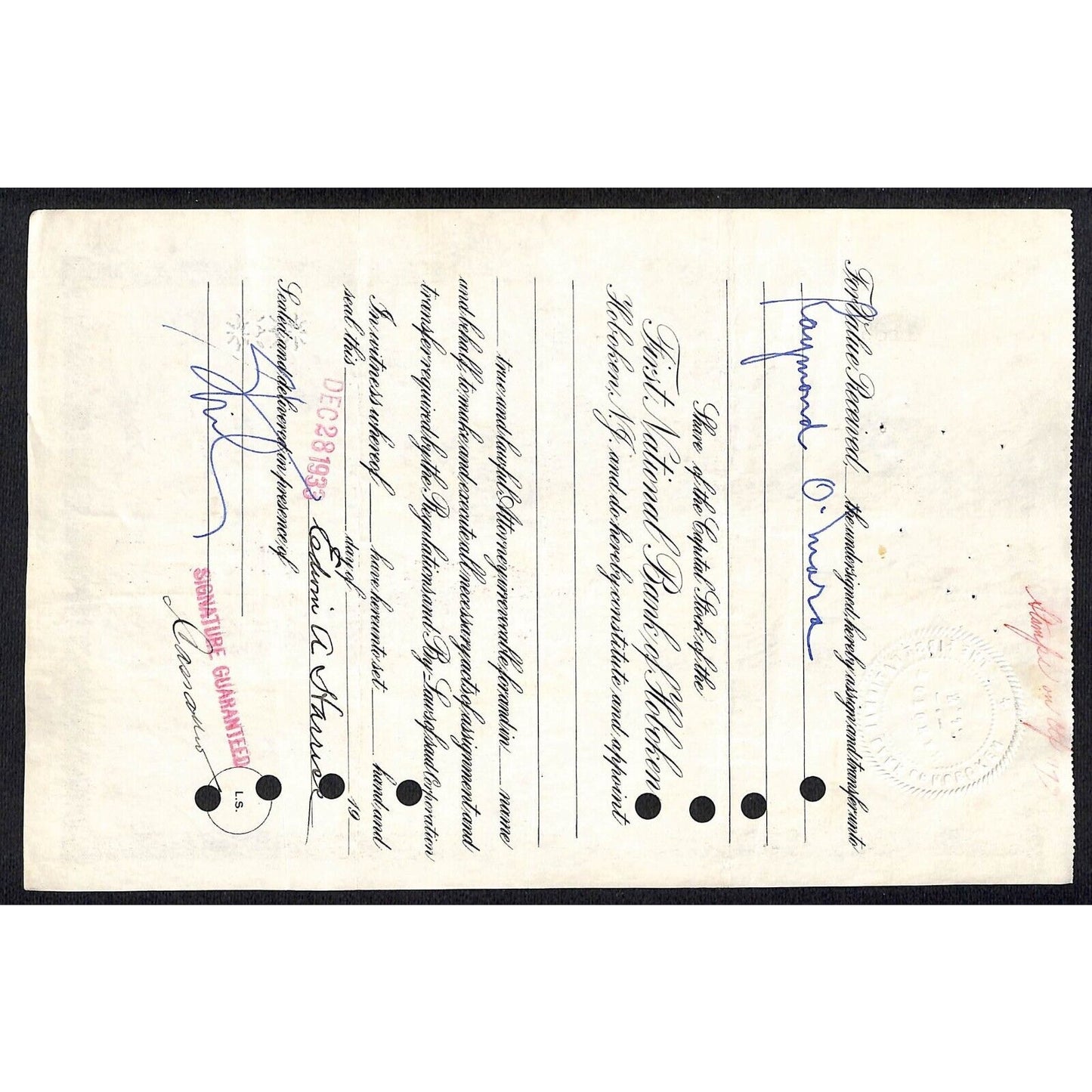 First National Bank of Hoboken NJ 1924 Stock Certificate Edwin A. Harriss