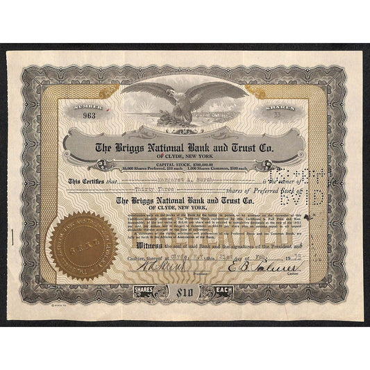 Briggs National Bank and Trust Clyde NY 1935 Stock Certificate Margaret A. Burch