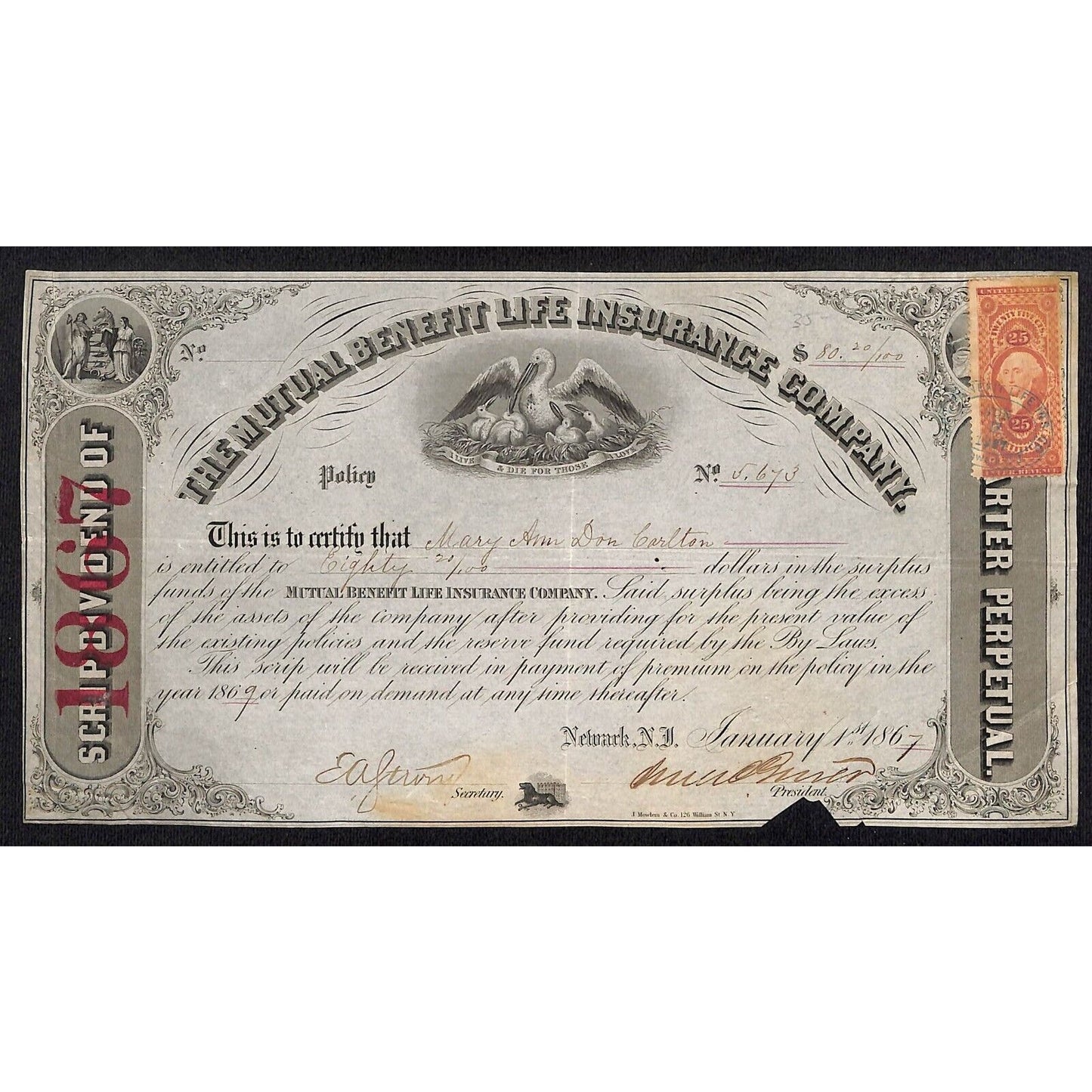 Mutual Benefit Life Insurance Co. Newark, NJ 1867 Stock Certificate - Tax Stamp