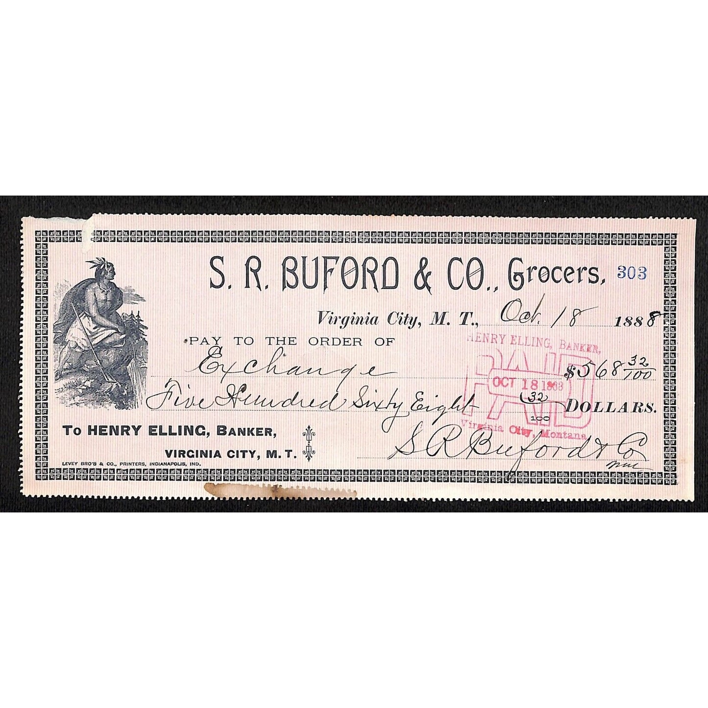 1888 Henry Elling Virginia City Montana Territory S.R. Buford Grocers Check #303