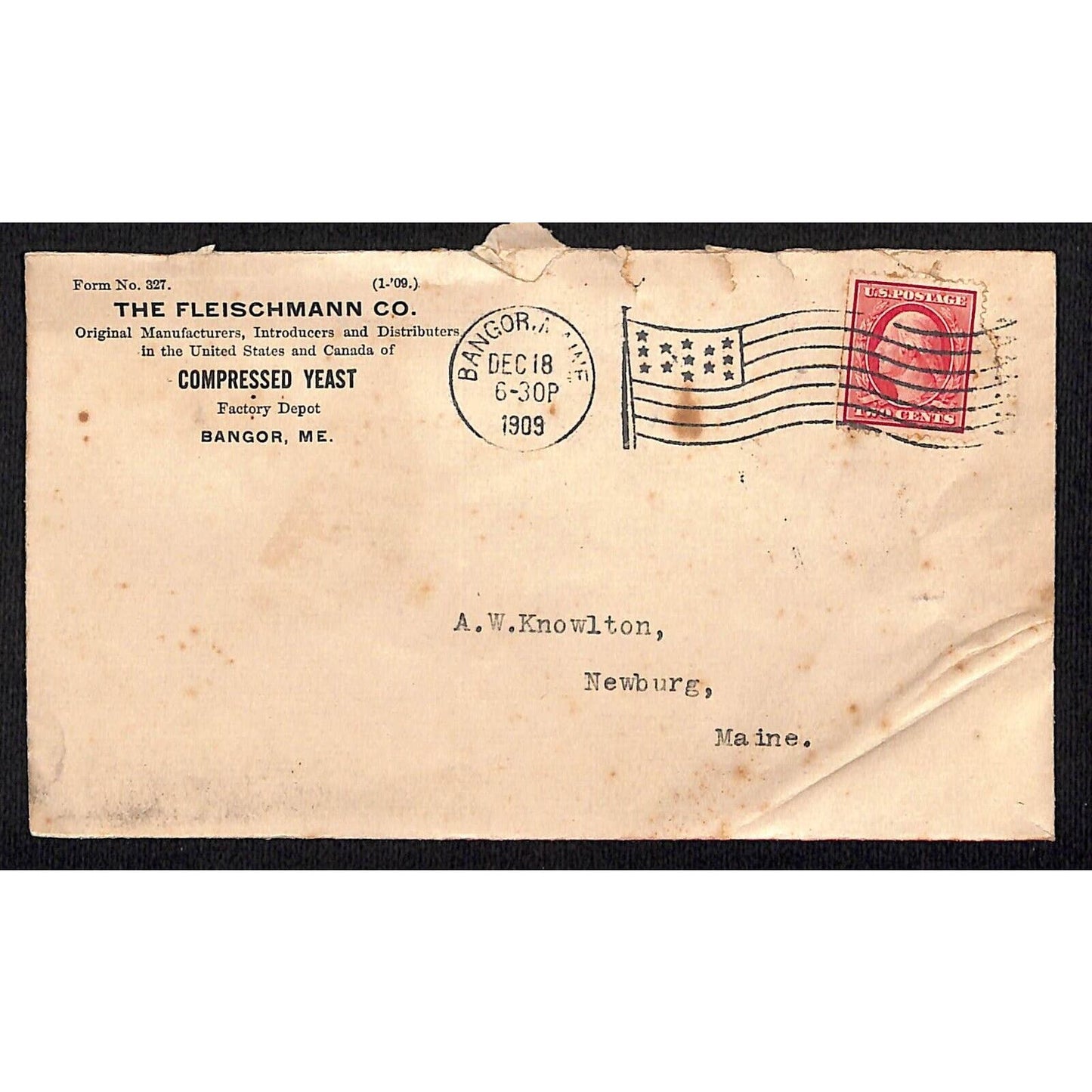 Bangor, ME Fleischmann Compressed Yeast 1909 Advertising Cover Envelope