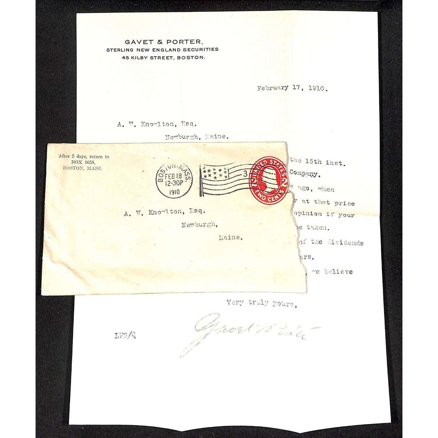 Boston, MA Gavet & Porter Securities 1910 Letterhead & Cover VGC Knowlton*