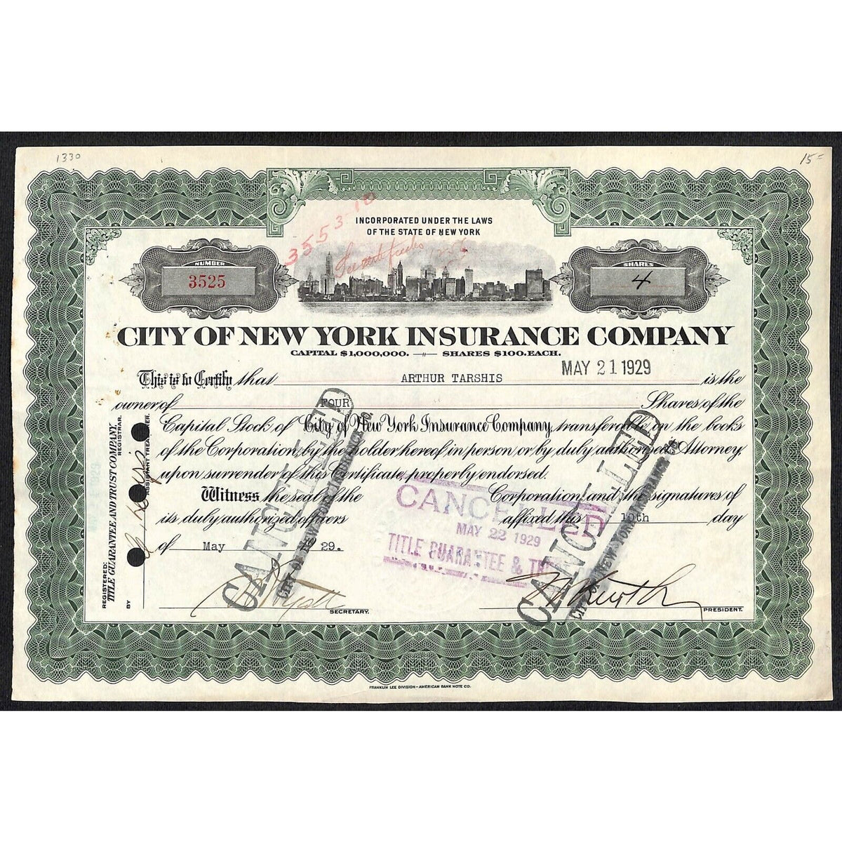 City of New York Insurance Co. NY 1929 Stock Certificate Arthur Tarshis