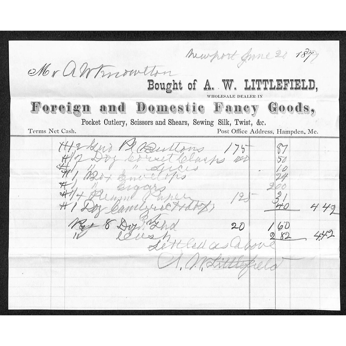 1879 A.W. Knowlton* Newburgh, ME A.W. Littlefield Newport Fancy Goods Billhead