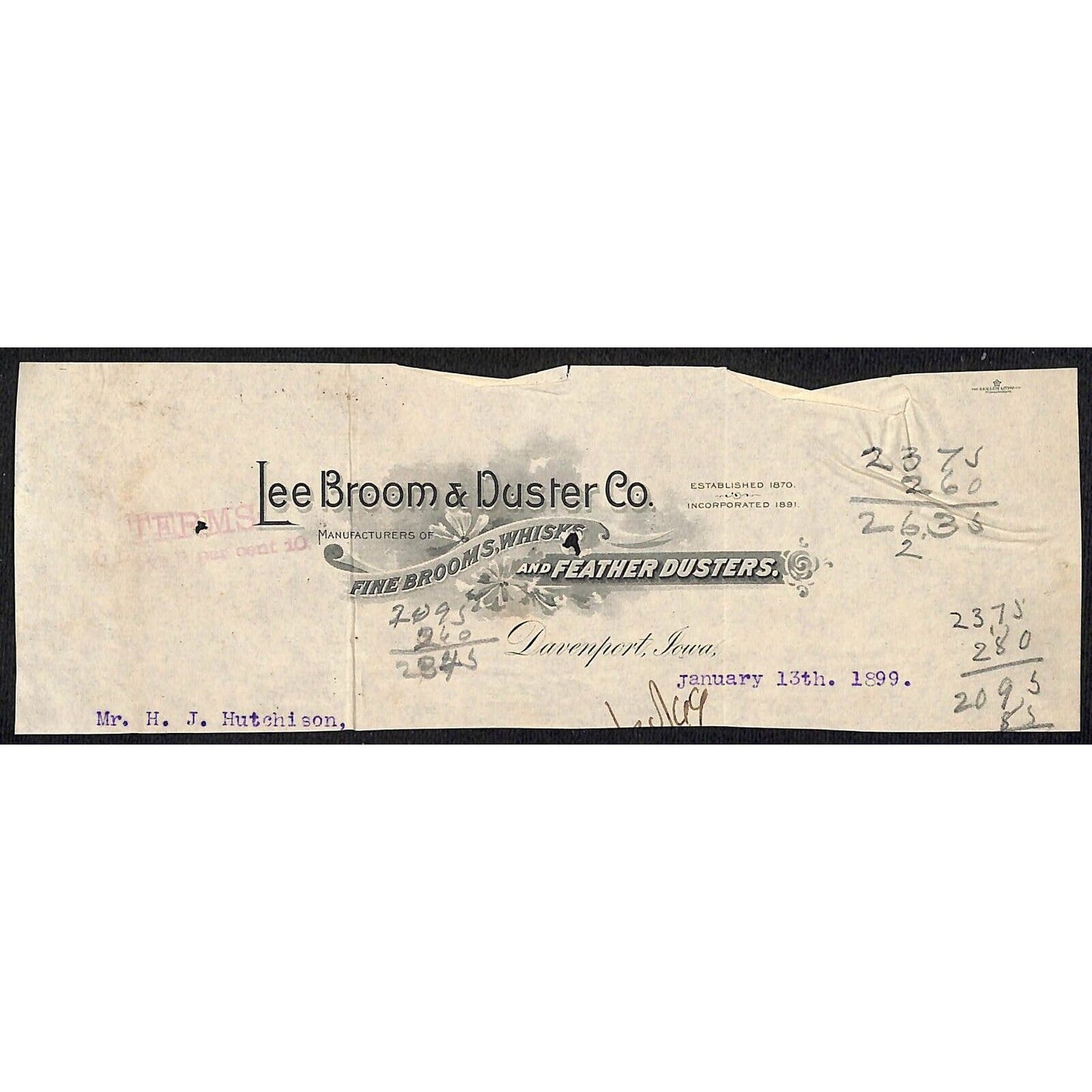 Lee Broom & Duster Co. Davenport, IA HJ Hutchinson Decorah IA* Cut 1899 Billhead