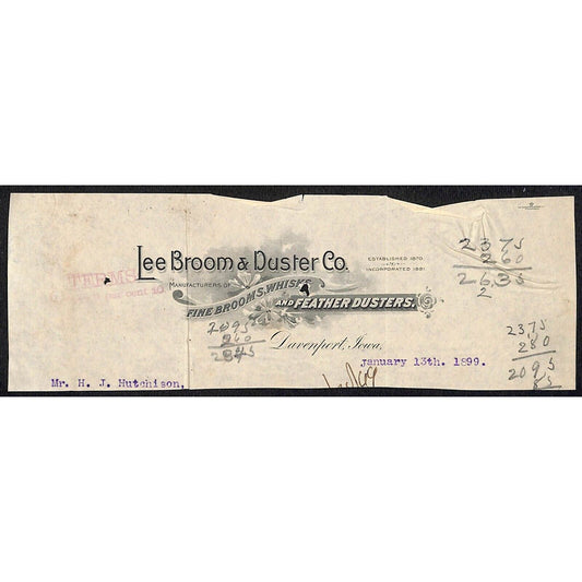 Lee Broom & Duster Co. Davenport, IA HJ Hutchinson Decorah IA* Cut 1899 Billhead
