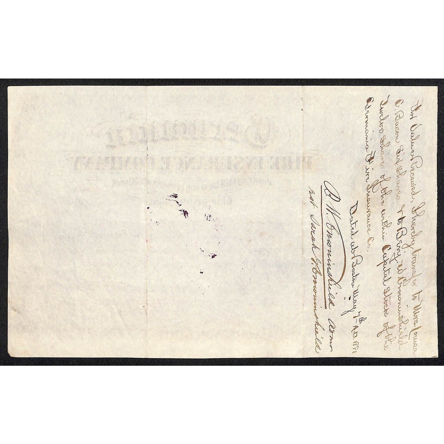 Germania Fire Insurance Co. 1880 Stock Certificate to Sarah Crowninshield