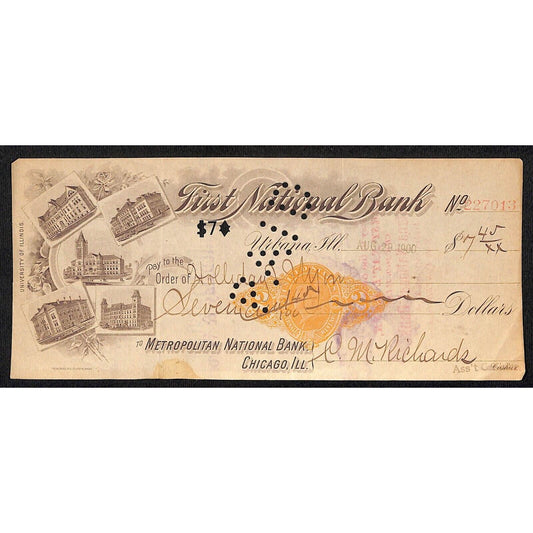 FNB Urbana, IL $7 1900 Bank Check Revenue Stamp w/ University Bldg. Vignettes