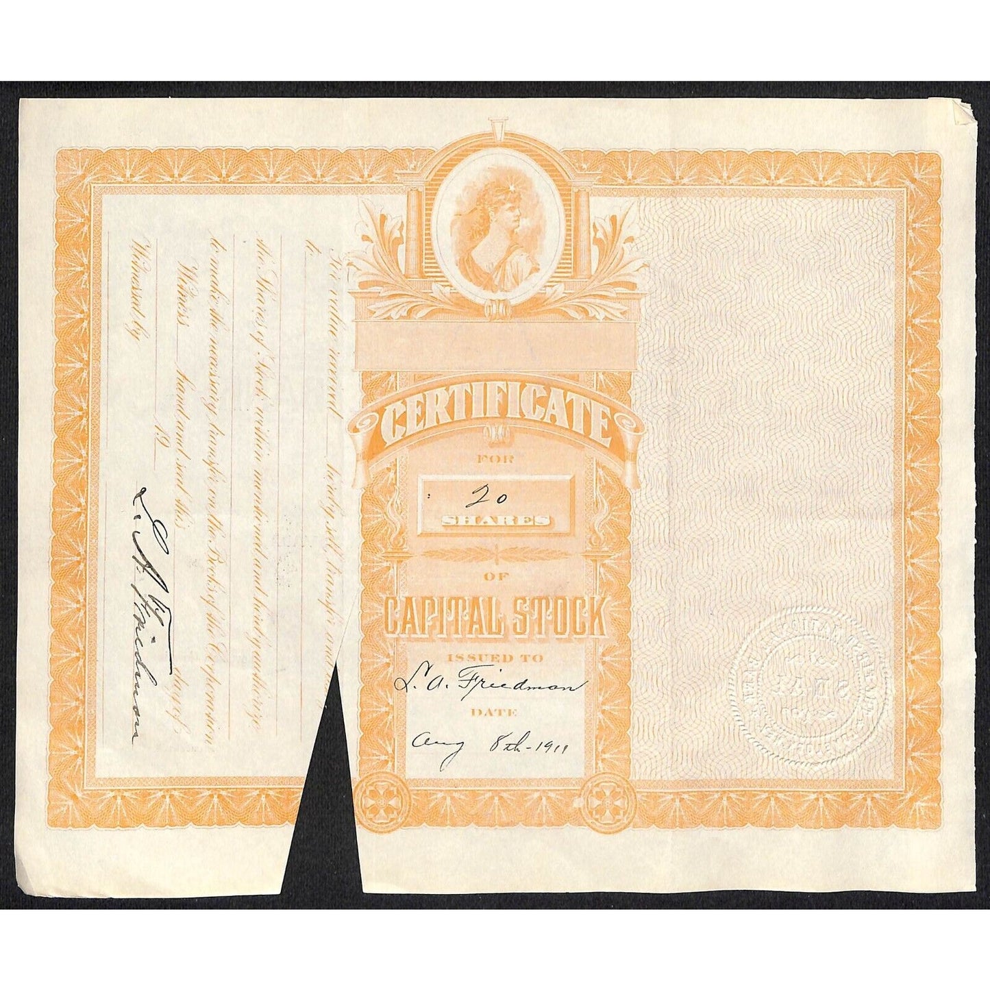 First National Bank of Lovelock, NV 1911 Stock Certificate to L.A. Friedman *
