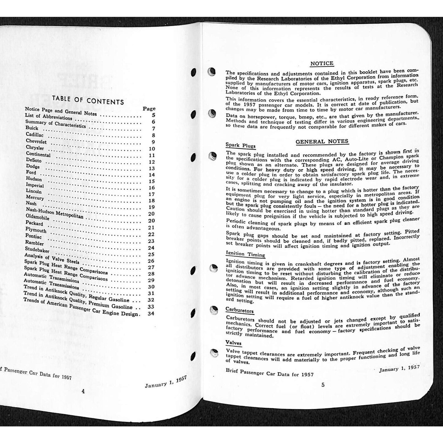 Ethyl Corporation "Brief Passenger Car Data" 1957 Booklet 34pp VGC