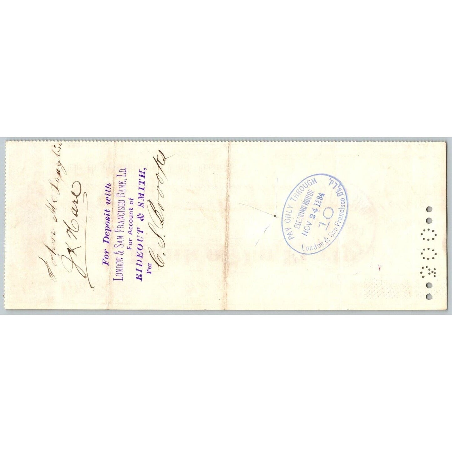 Bank of La Porte Check John McLanghlin 1884 Mining Vignette #13208
