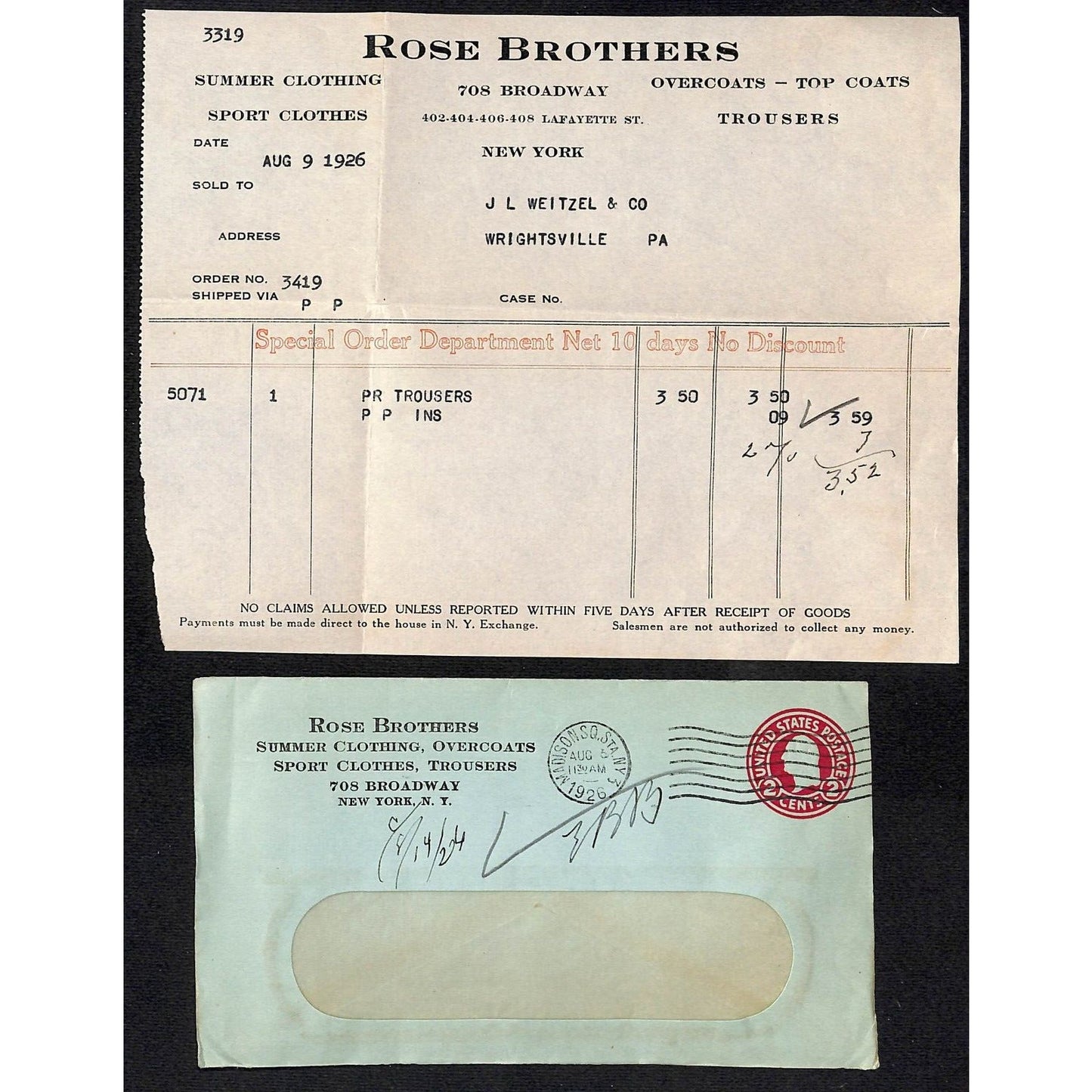 Rose Brothers (Clothes) Broadway NYC 1926 Billhead + Cover (#4)