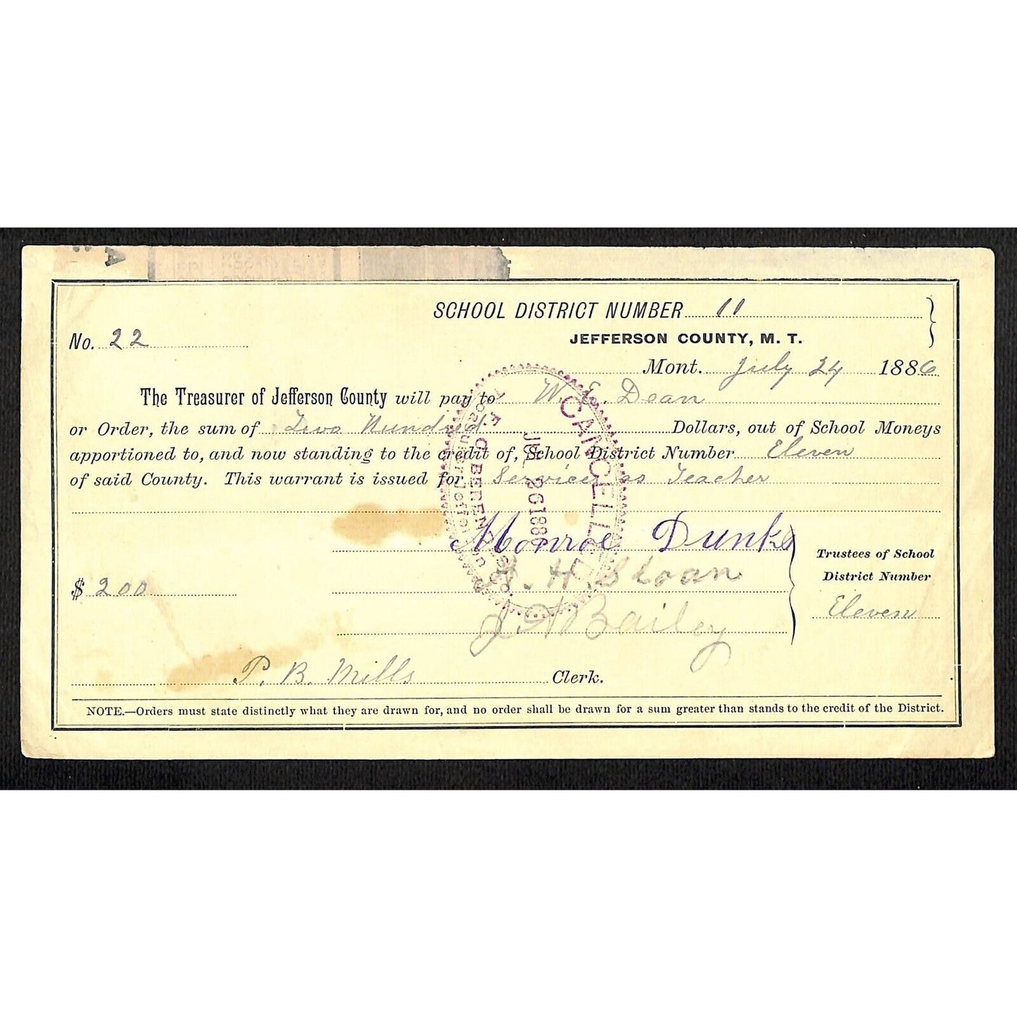 1886 Jefferson County Montana Territory School Warrant for "Services as Teacher"