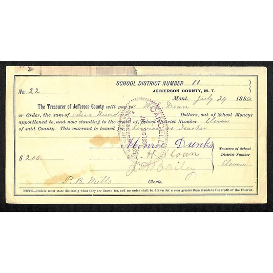 1886 Jefferson County Montana Territory School Warrant for "Services as Teacher"