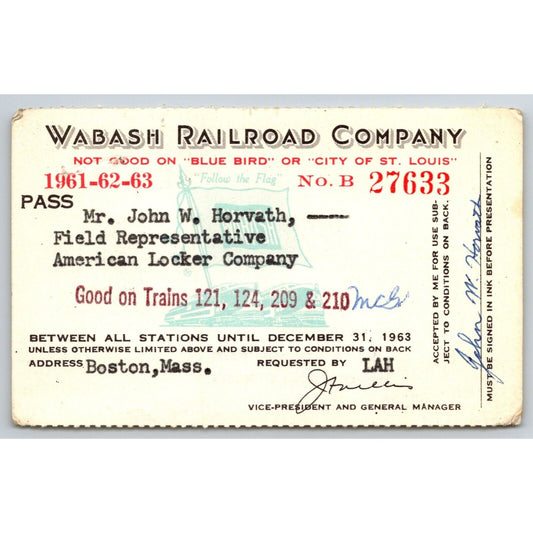 Wabash Railroad Company 1961-62-63 Yearly Train Pass #27633